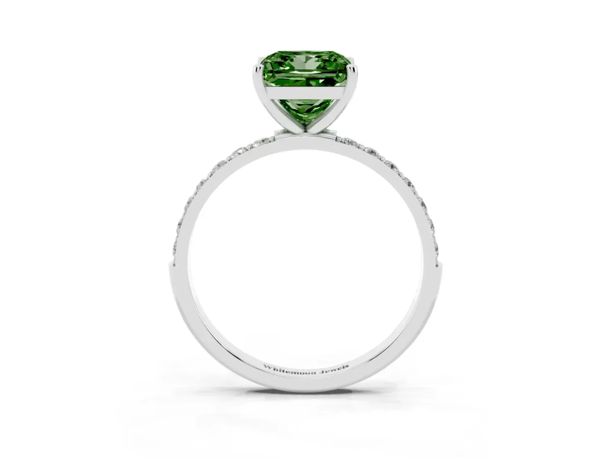 Fancy Green Princess Cut Diamond Solitaire Ring with Round Pavé Shoulders and Prong Setting Silver