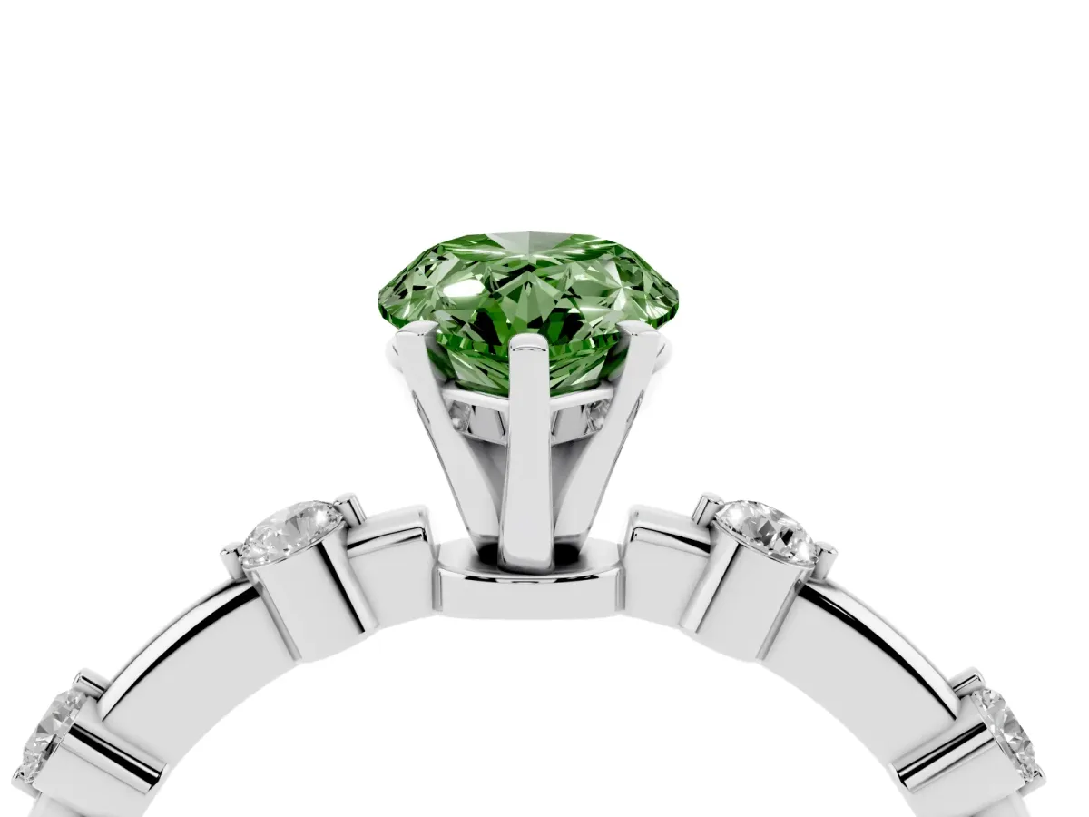 Fancy Green Pear Cut Solitaire Diamond Ring with Bezel Set Side Stones and Prong Setting Platinum