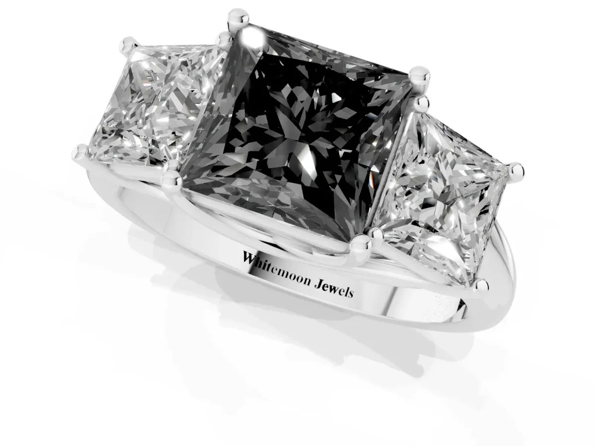 Fancy Black Three-Stone Princess Cut Diamond Engagement Ring with Prong Setting Silver