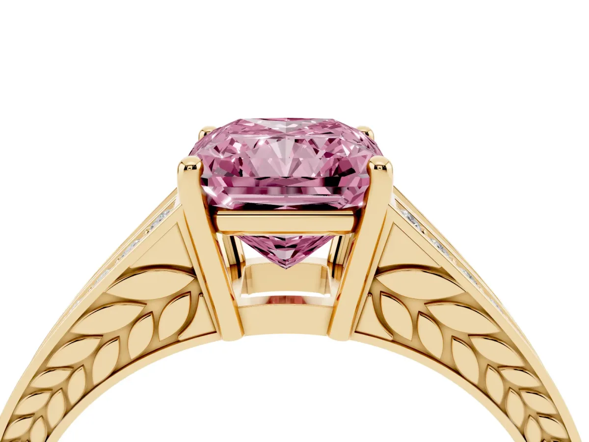 Fancy Pink Radiant Cut Diamond Split Shank Ring with Pavé Band and Four-Prong Setting Yellow gold