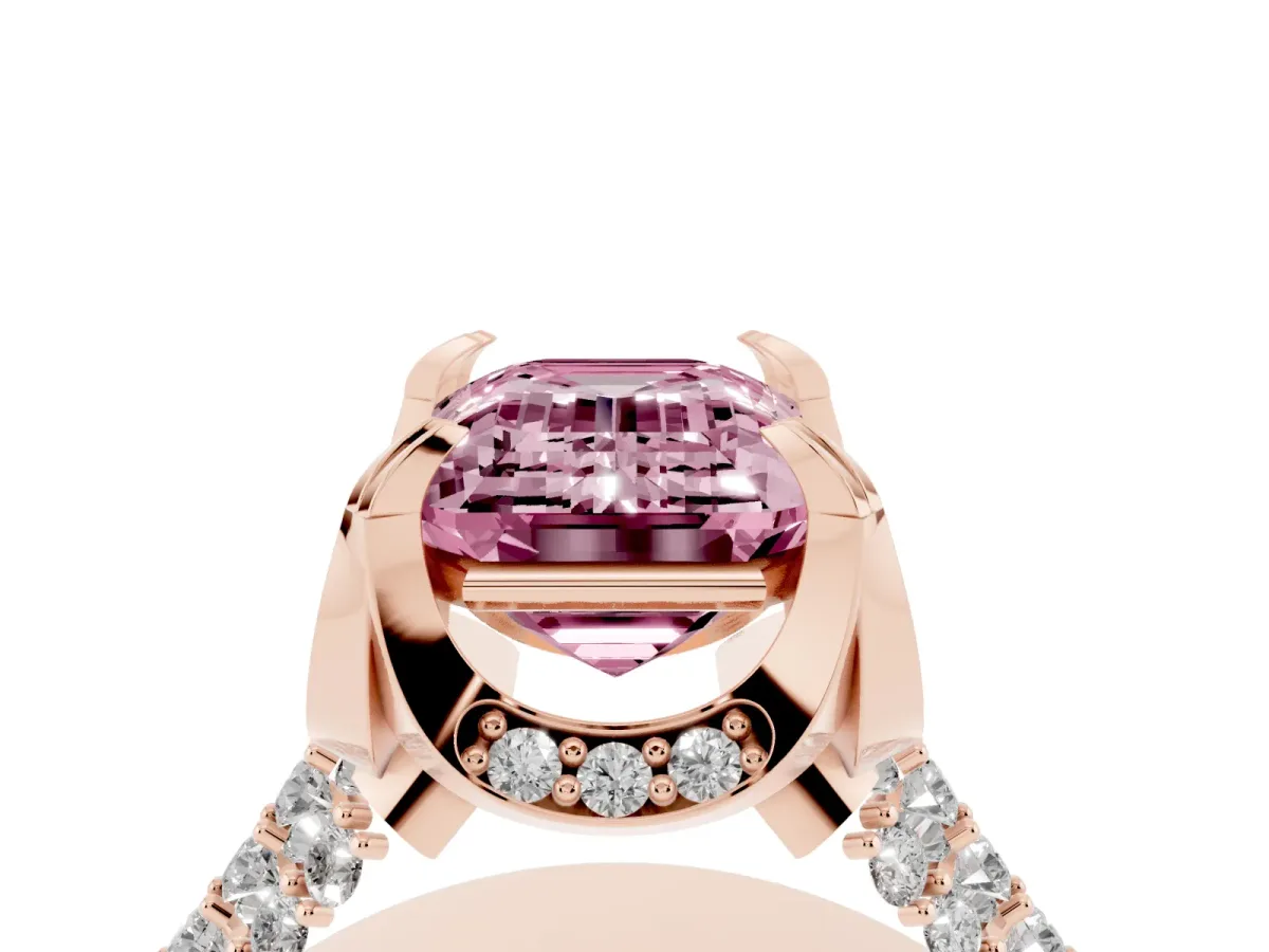 Fancy Pink Emerald Cut Solitaire Pave Split Shank Ring with Four-Prong Setting Rose gold