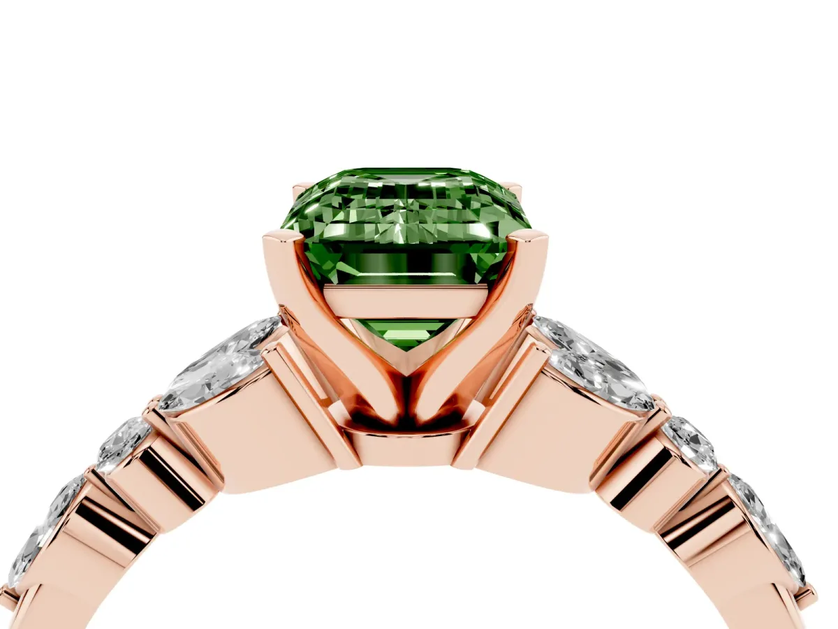 Fancy Green Emerald Cut Diamond Solitaire Ring with Side Stones and Four-Prong Setting Rose gold