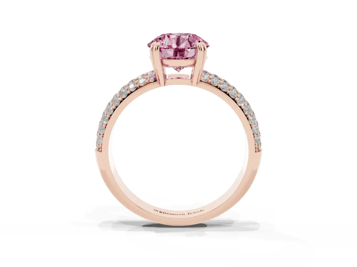 Fancy Pink Round Cut Diamond Solitaire Ring with Multi-Row Round Pavé Band and Prong Setting Rose gold