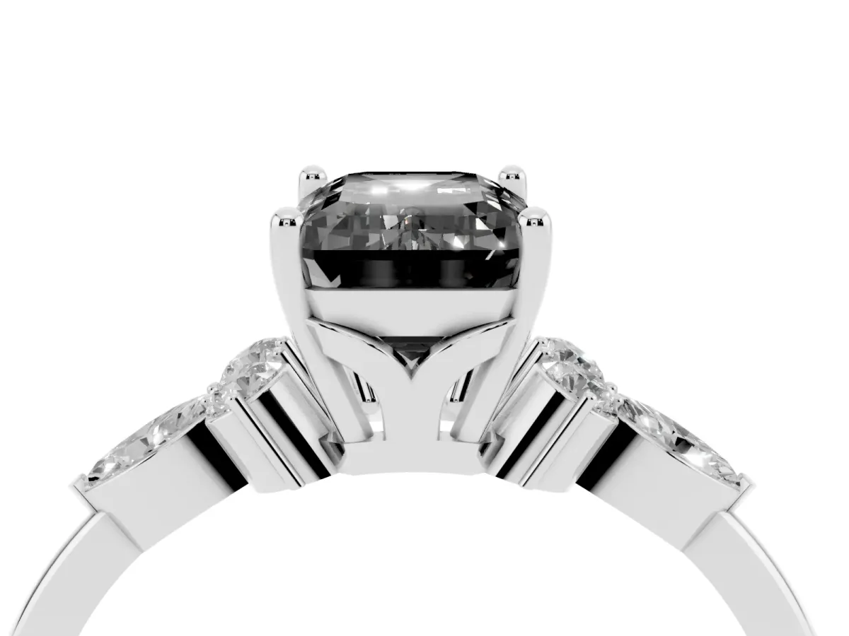 Fancy Black Emerald Cut Brilliant Diamond Solitaire Ring with Pear Side Stones and Four-Prong Setting Silver