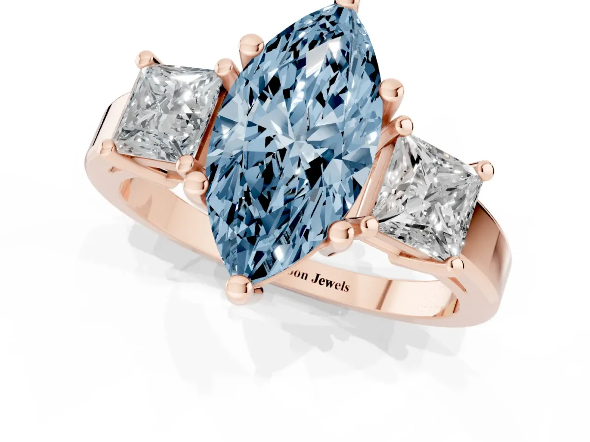 Fancy Blue Three-Stone Marquise Cut Cut Solitaire Ring with Prong Setting Rose gold