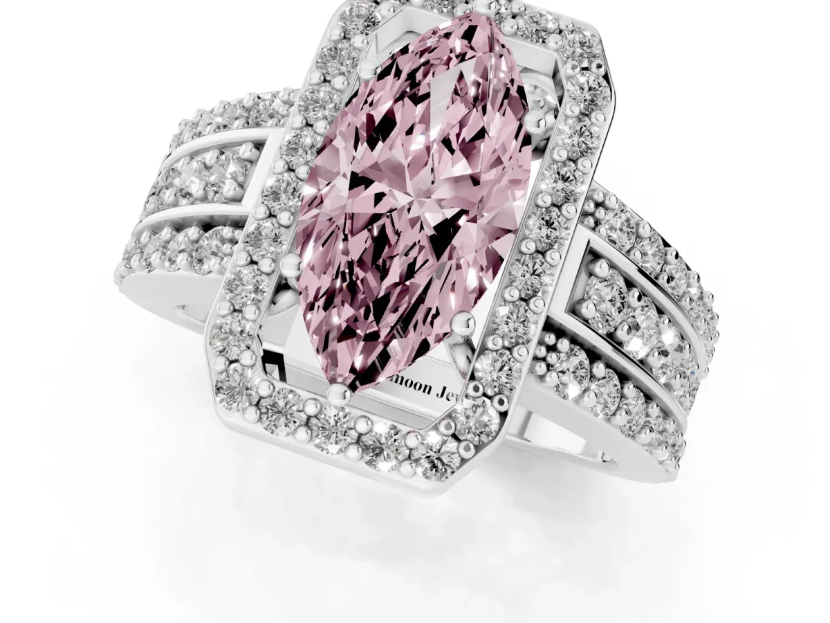Fancy Pink Marquise Cut Halo Diamond Ring with Round Split Shank and Prong Setting Silver