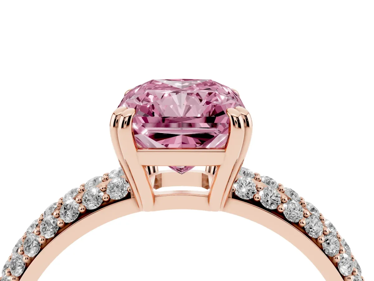 Fancy Pink Radiant Cut Diamond Solitaire Ring with Multi-Row Round Pavé Band and Prong Setting Rose gold