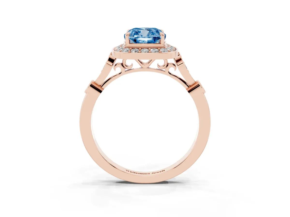 Fancy Blue Cushion Cut Halo Diamond Engagement Ring with Twisted Band and Four-Prong Setting Rose gold