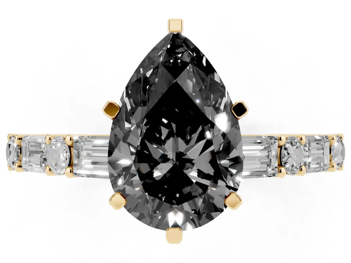 Fancy Black Pear Cut Diamond Solitaire with Side Baguettes and Channel Set Band Yellow gold