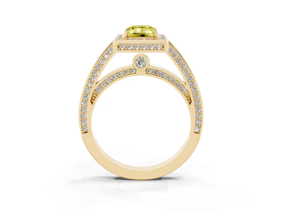 Fancy Yellow Emerald Cut Cut Halo Pave Split Shank Prong Setting Ring Yellow gold