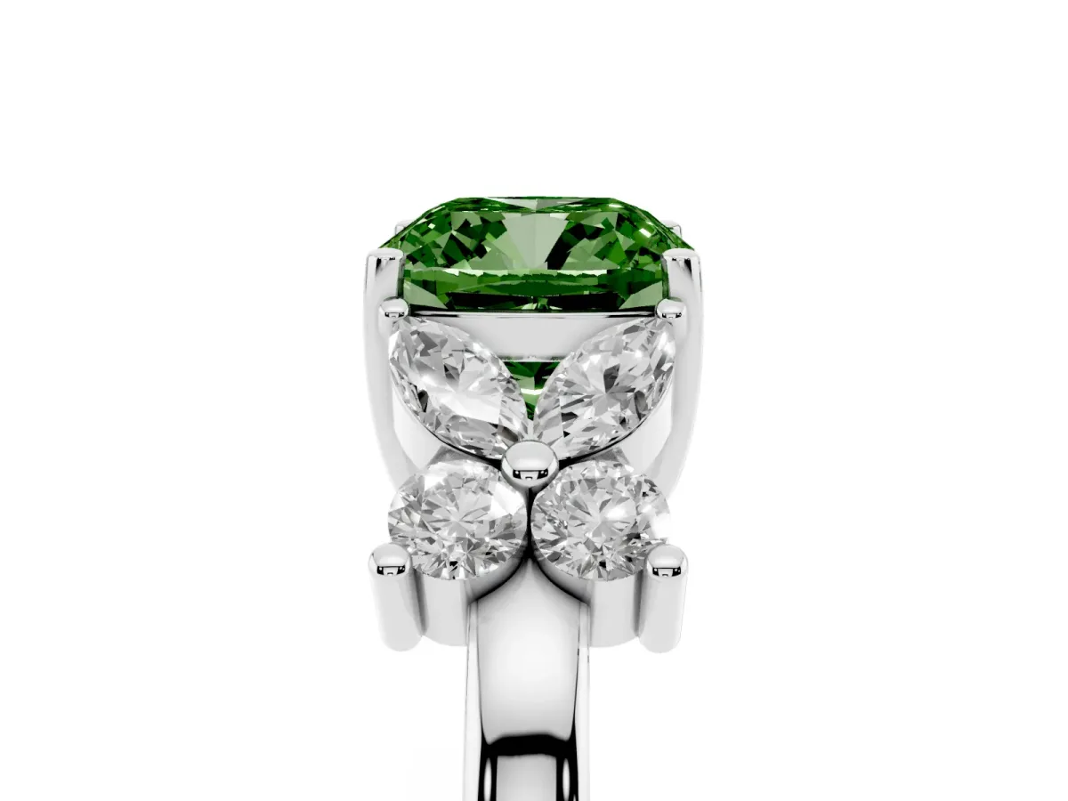 Fancy Green Cushion Cut Diamond Floral Cluster Ring with Solitaire Band and Prong Setting Platinum