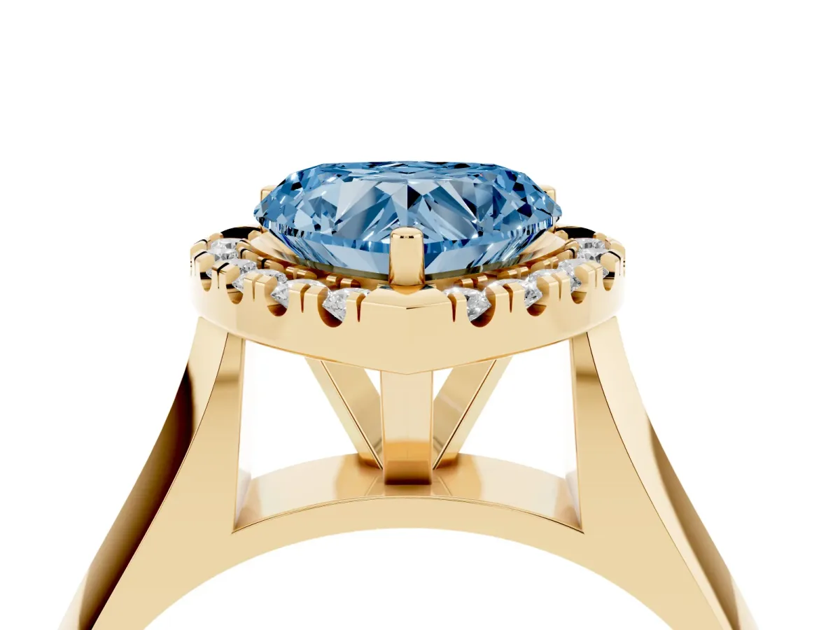 Fancy Blue Heart Cut Cut Halo Solitaire Engagement Ring with Square Band and Four-Prong Setting Yellow gold