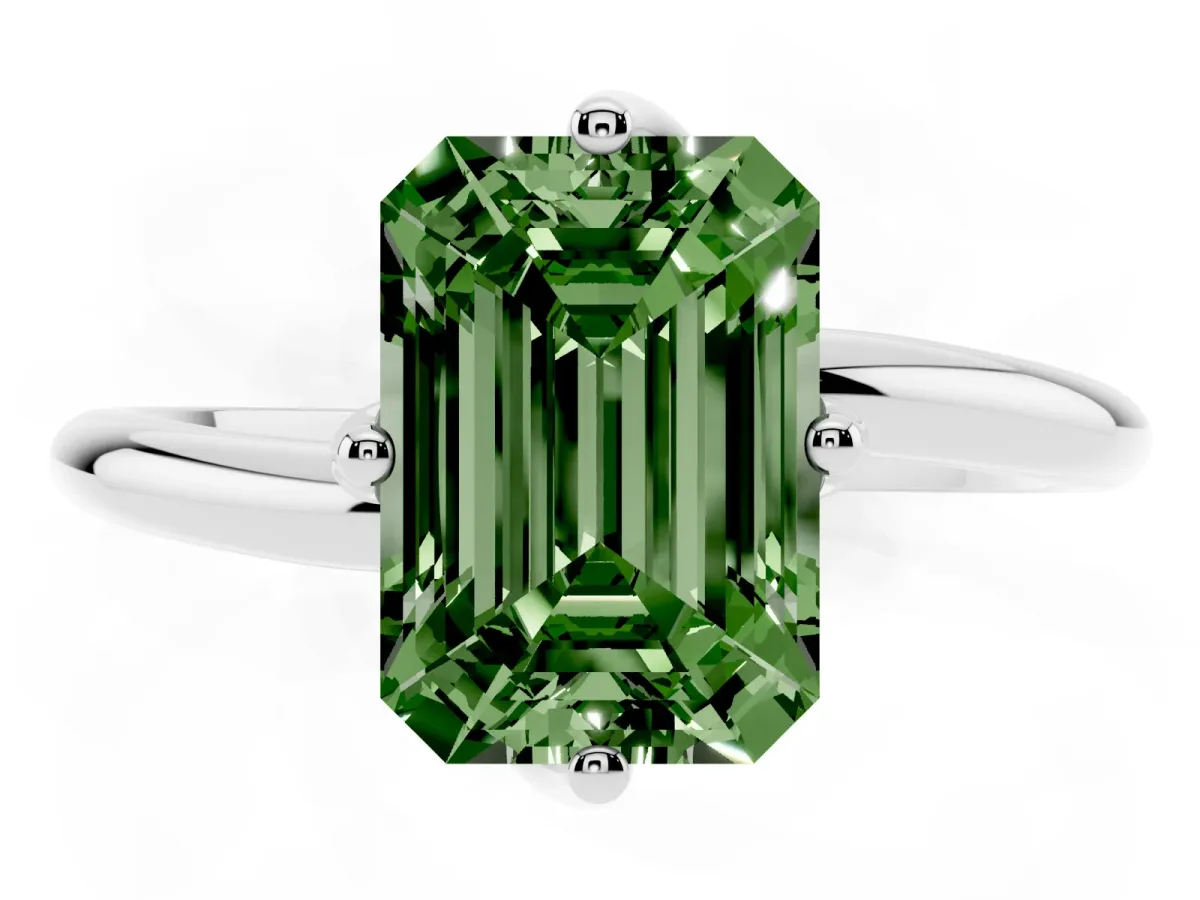 Fancy Green Emerald Cut Diamond Solitaire Engagement Ring with Four-Prong Setting and Classic Band Platinum