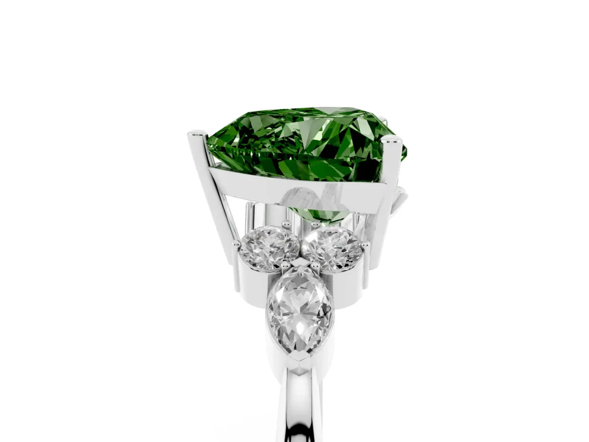Fancy Green Heart Cut Brilliant Diamond Solitaire Ring with Pear Side Stones and Four-Prong Setting Silver