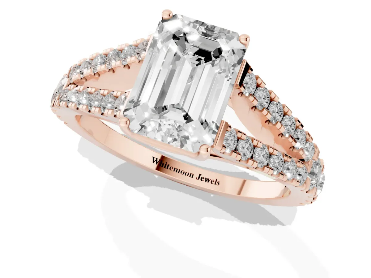 Emerald Cut Diamond Split Shank Engagement Ring with Round Pavé and Prong Setting Rose gold