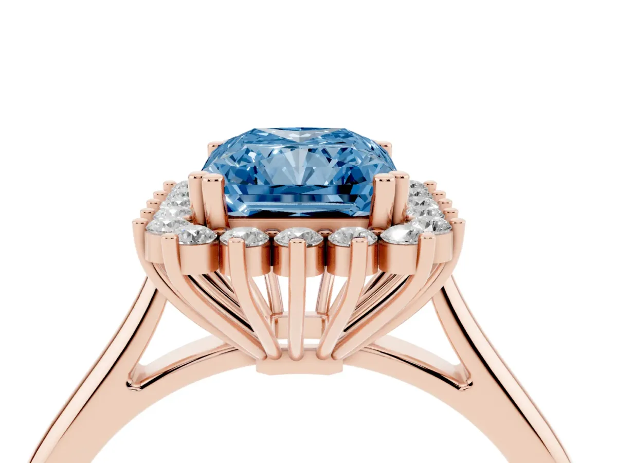 Fancy Blue Radiant Cut Cut Diamond Halo Ring with Solitaire Band and Prong Setting Rose gold