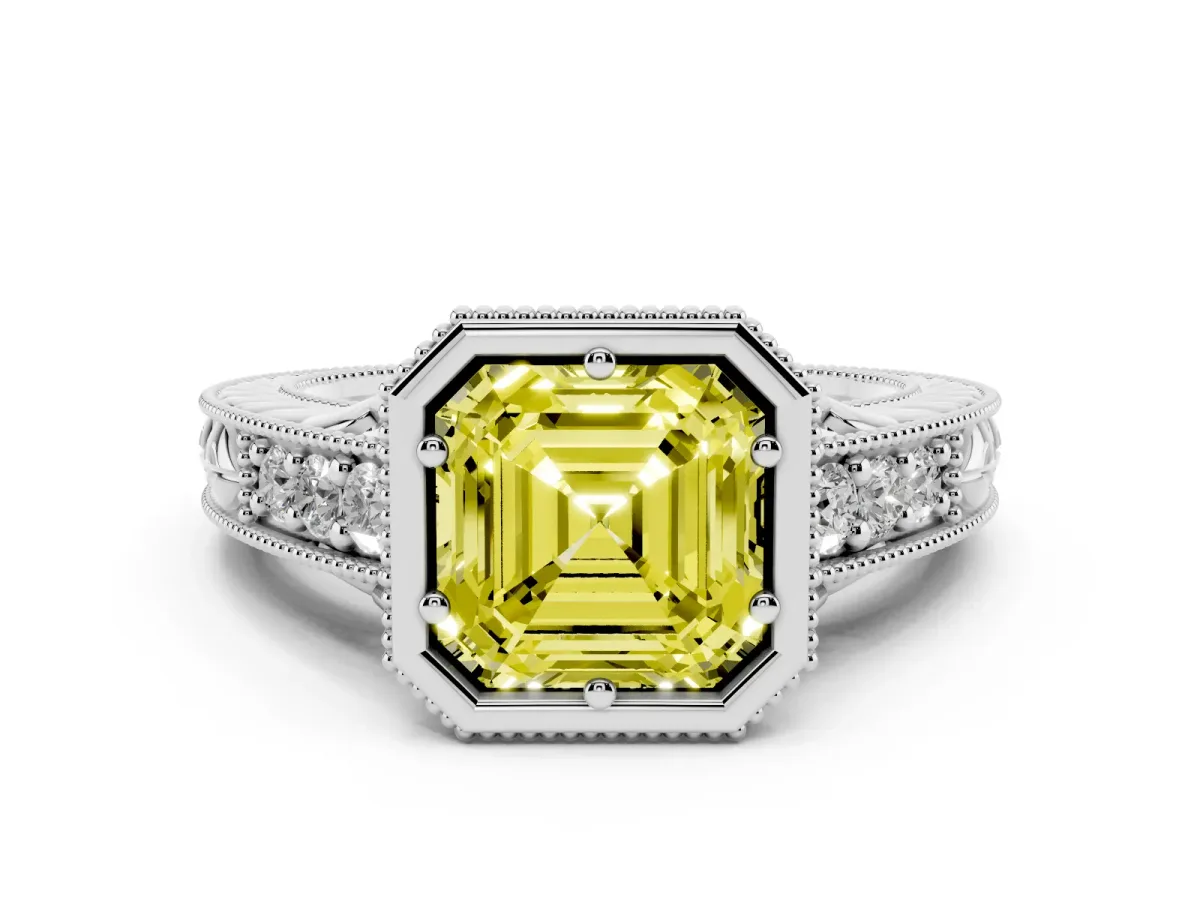 Fancy Yellow Bezel Set Asscher Cut Diamond Milgrain Pave Engagement Ring Platinum