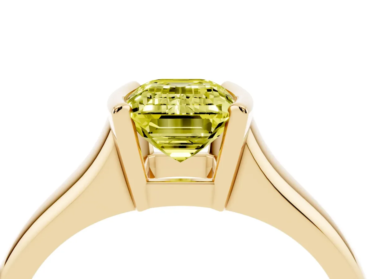 Fancy Yellow Emerald Cut Solitaire Tension Set Diamond Ring with Split Shank Band Yellow gold