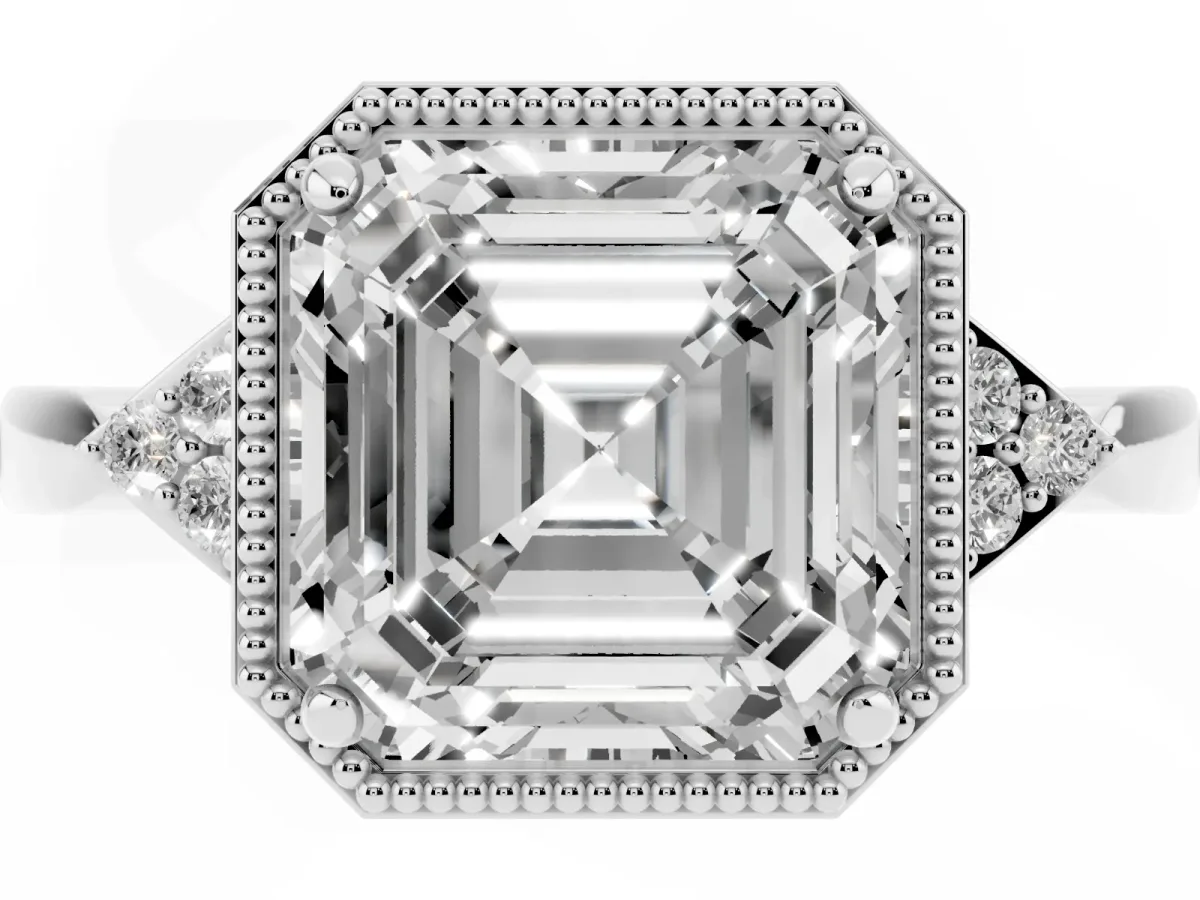Asscher Cut Diamond Halo Ring with Tapered Band and Four-Prong Setting Silver