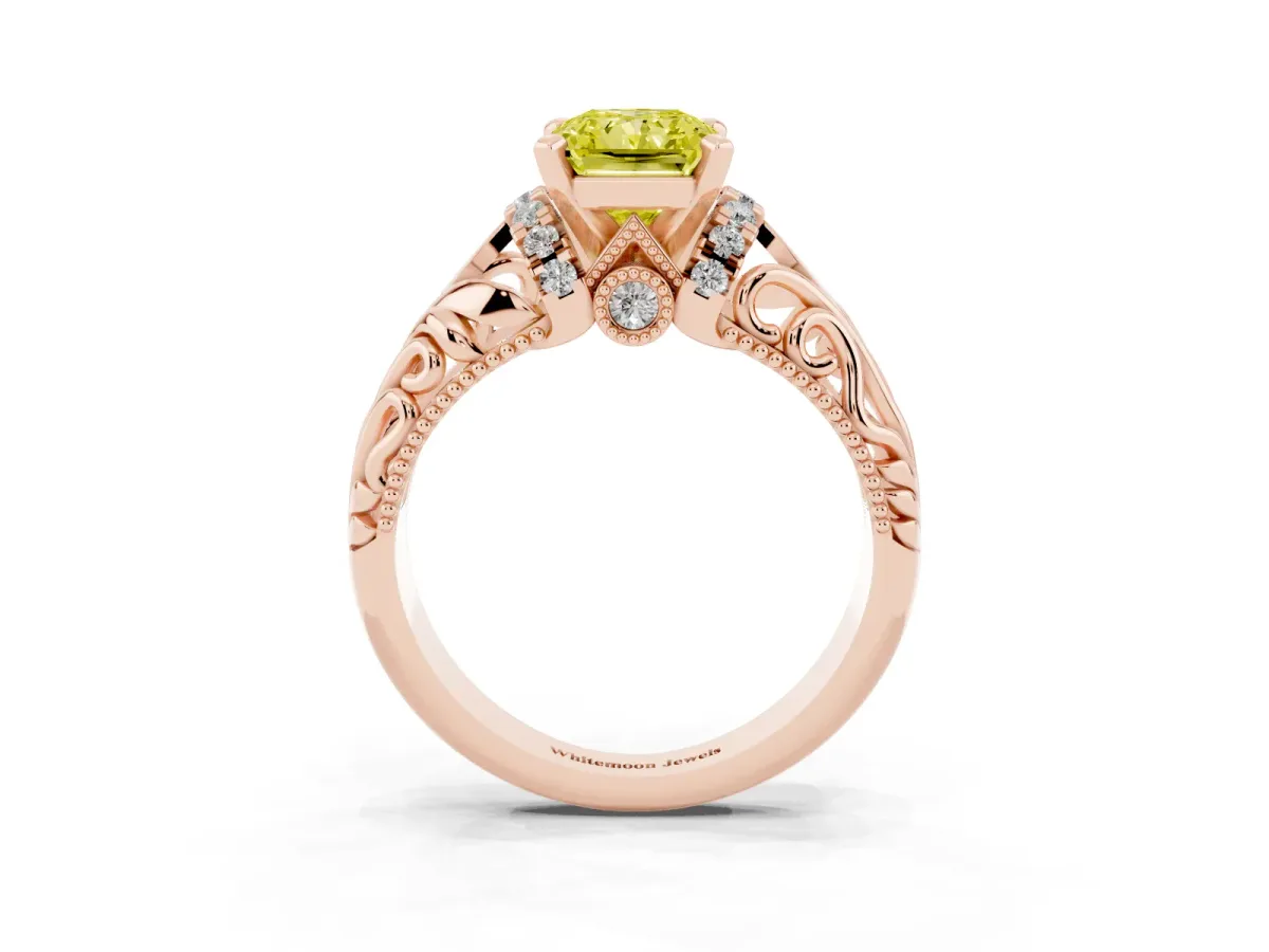 Fancy Yellow Radiant Cut Solitaire Filigree Engagement Ring with Halo and Prong Setting Rose gold