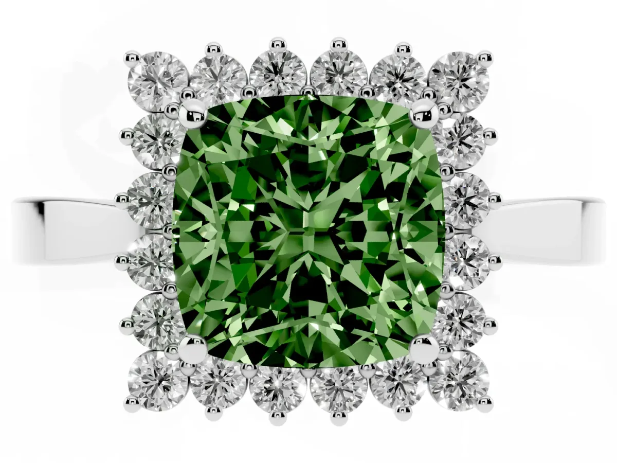 Fancy Green Cushion Cut Cut Diamond Halo Ring with Round Brilliant Halo and Solitaire Band Silver