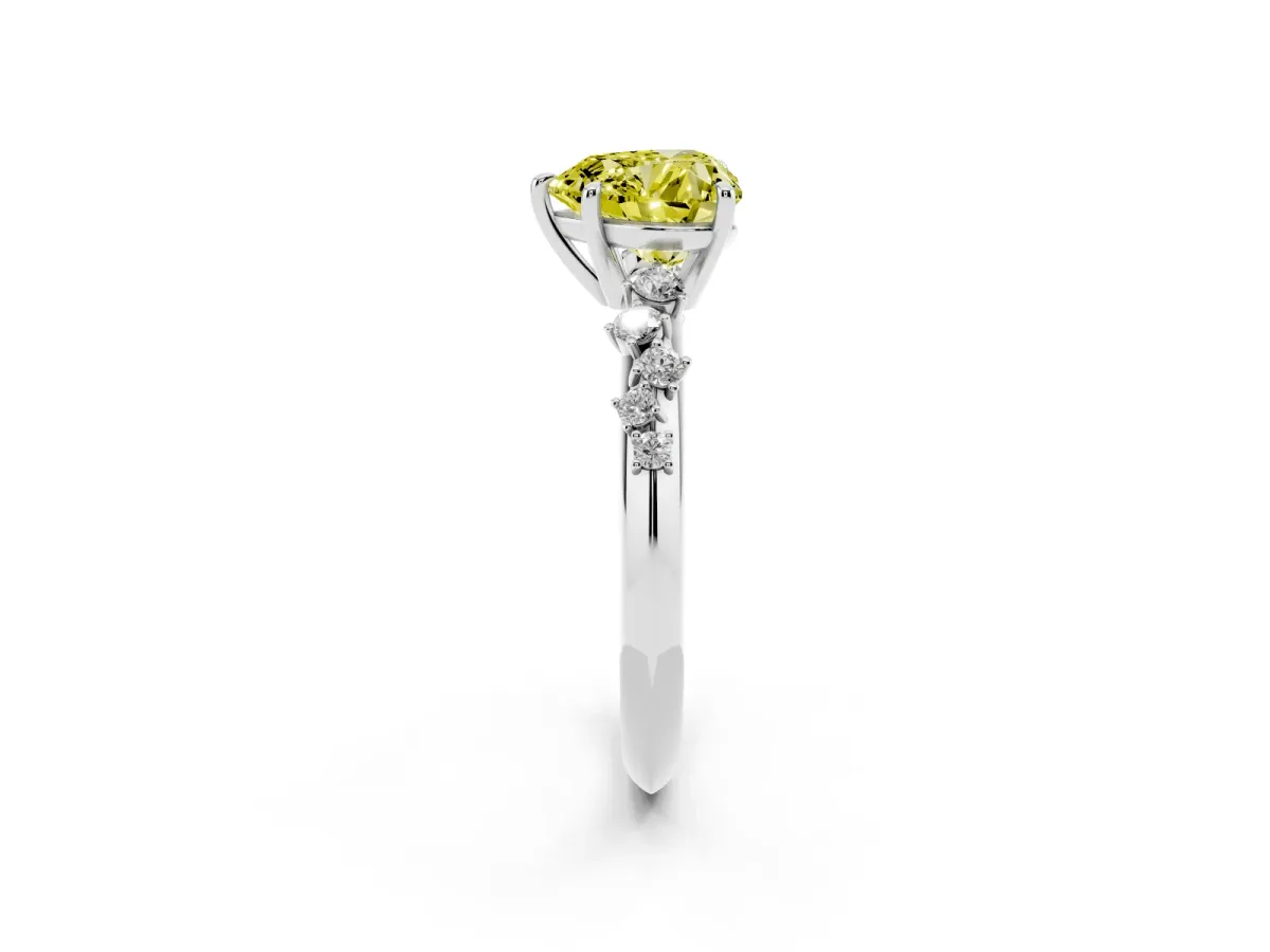 Fancy Yellow Heart Cut Diamond Cluster Side Stone Solitaire Ring with Prong Setting Silver