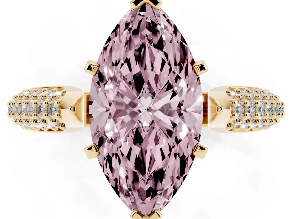 Fancy Pink Marquise Cut Diamond Solitaire Engagement Ring with Multi-Row Round Pavé Band and Prong Setting Yellow gold