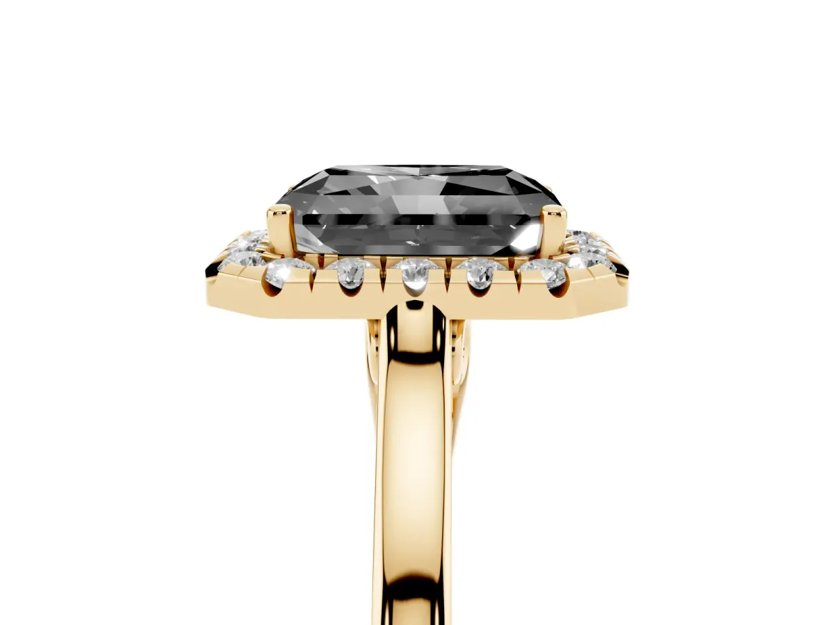 Fancy Black Radiant Cut Halo Round Diamond Solitaire Ring with Pavé Band and Four-Prong Setting Yellow gold