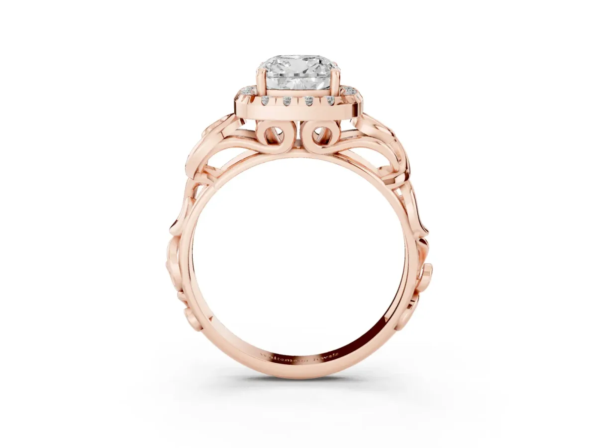 Cushion Cut Cut Halo Diamond Ring with Scrollwork Band and Four-Prong Setting Rose gold