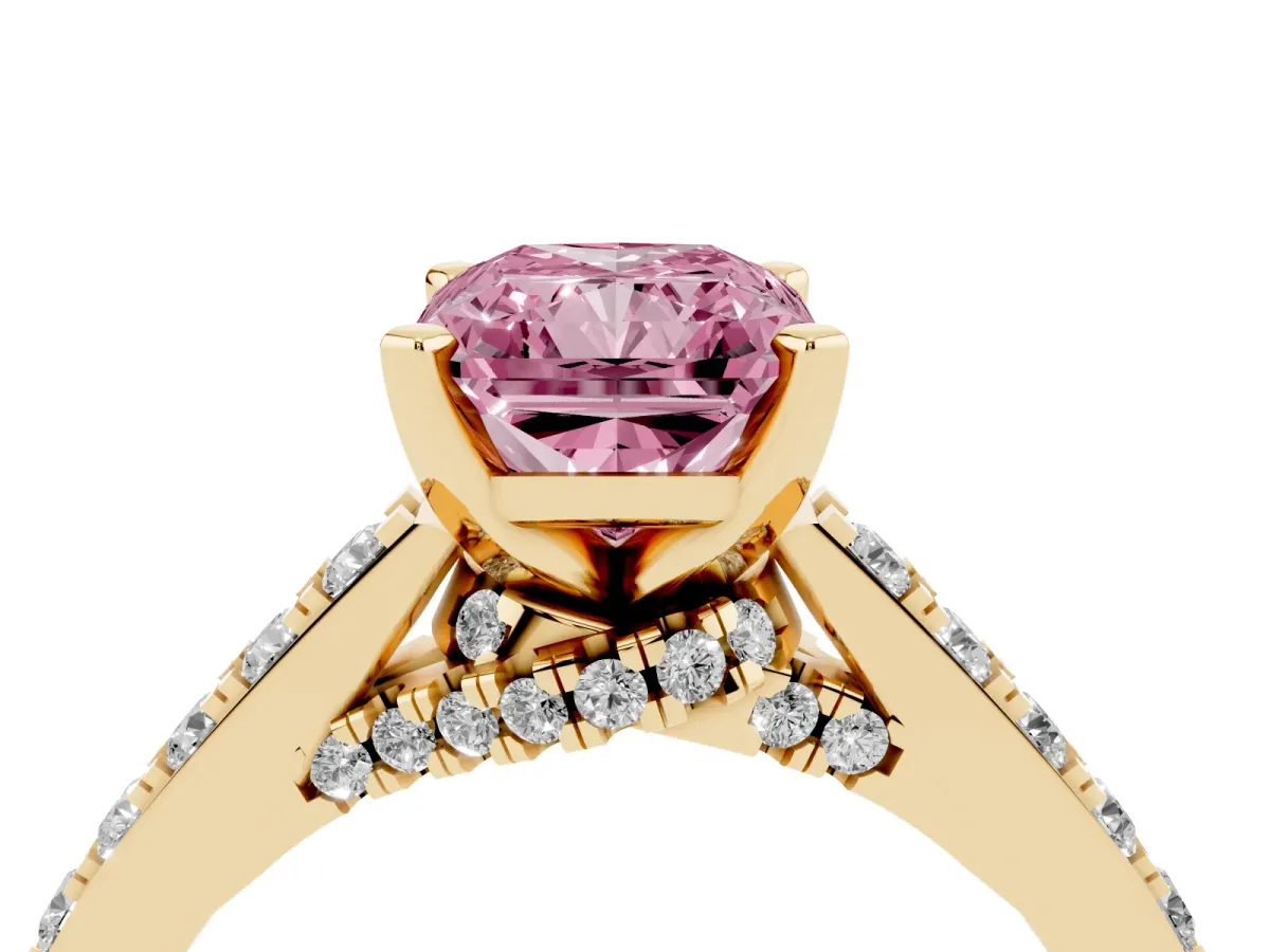 Fancy Pink Radiant Cut Diamond Solitaire Ring with Crossover Gallery and Round Pavé Band Yellow gold