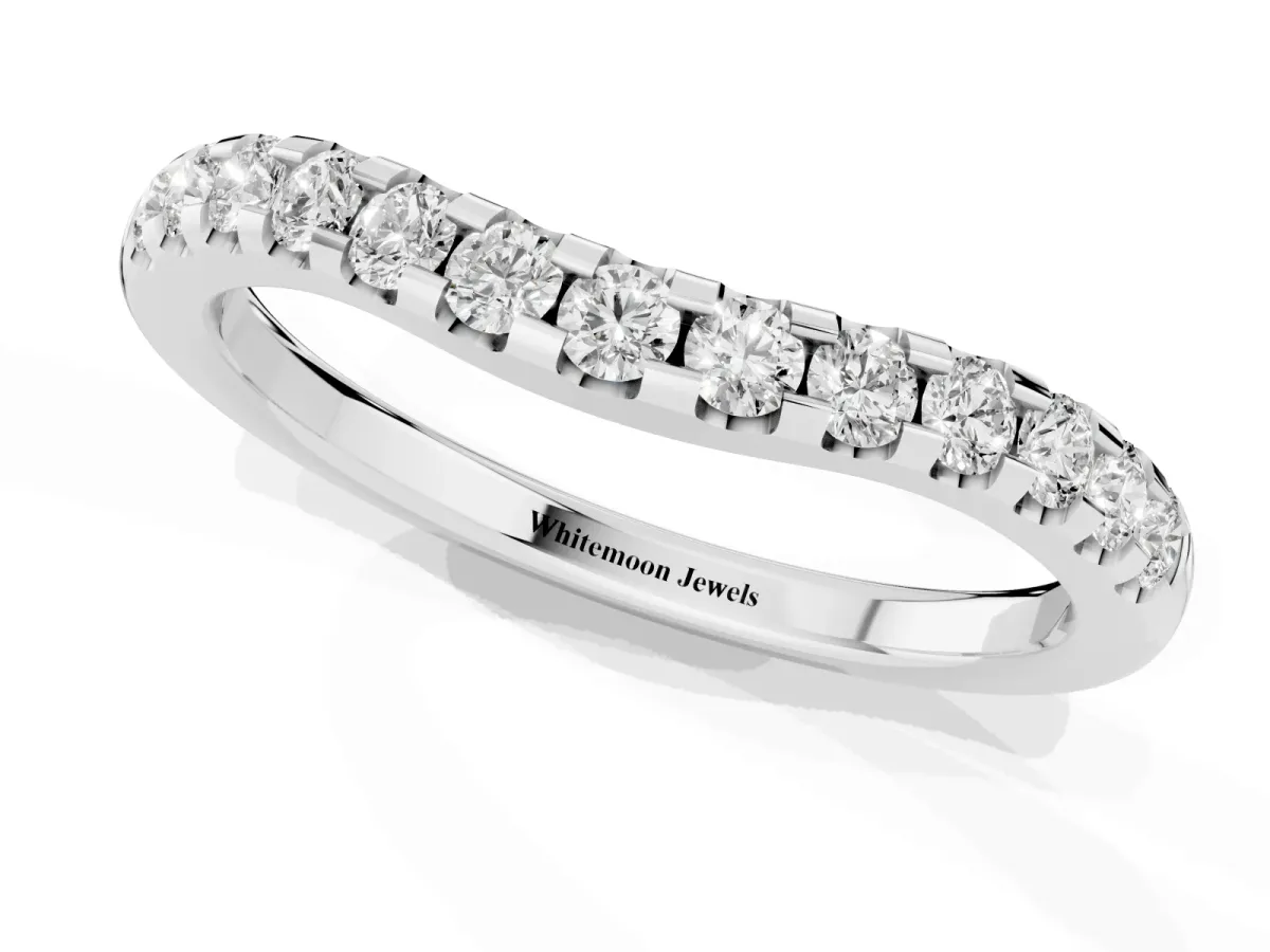 Curved Diamond Half Eternity Band with Round Cut Stones in Pavé Setting Silver