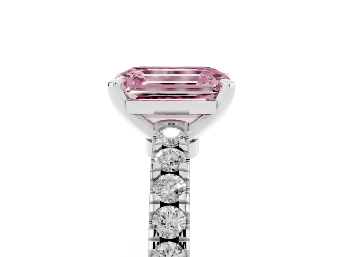 Fancy Pink Emerald Cut Solitaire Diamond with Pavé Band and Four-Prong Setting Silver