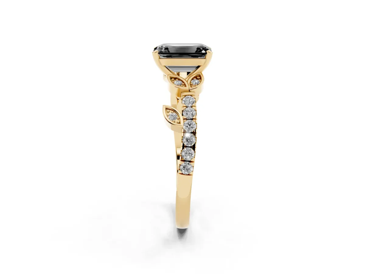 Fancy Black Emerald Cut Solitaire Leaf-Inspired Diamond Ring with Pavé Band and Four-Prong Setting Yellow gold