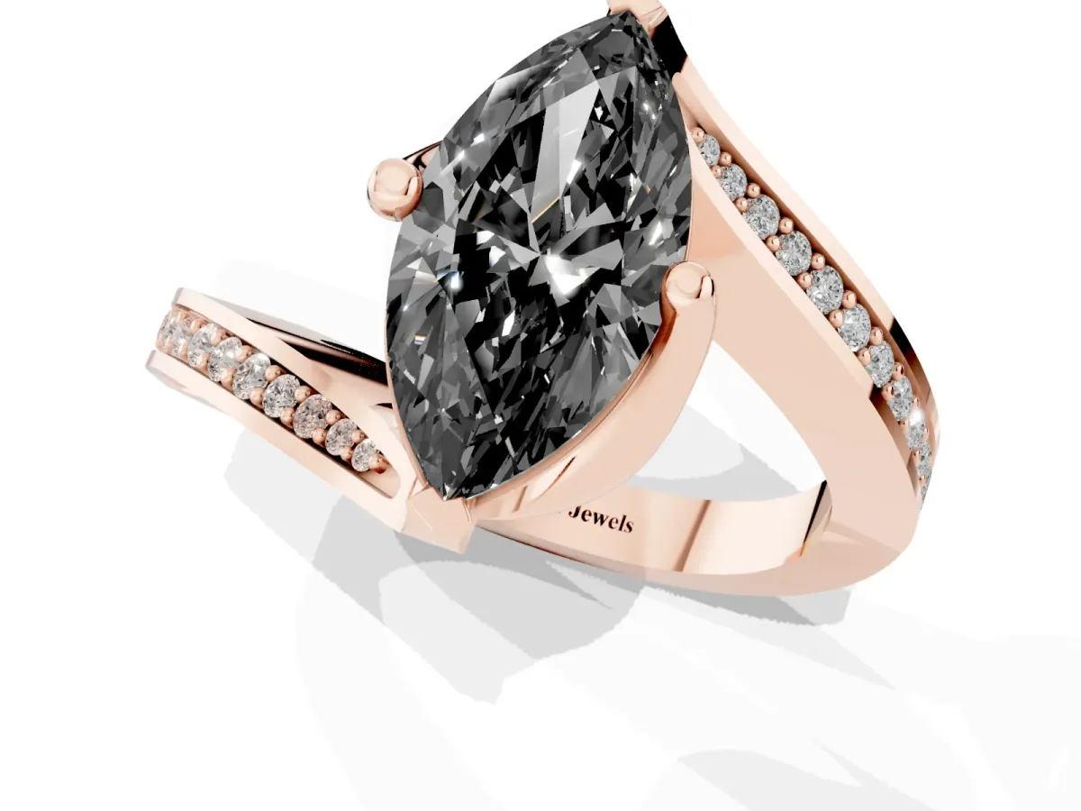 Fancy Black Marquise Cut Solitaire Diamond Twist Band with Pavé Setting and Four-Prong Setting Rose gold