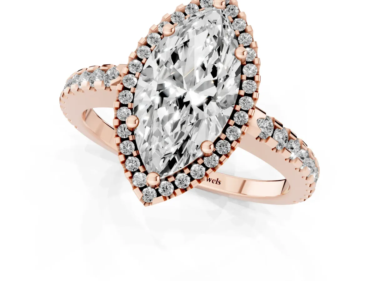 Marquise Cut Diamond Halo Engagement Ring with Pavé Band and Prong Setting Rose gold
