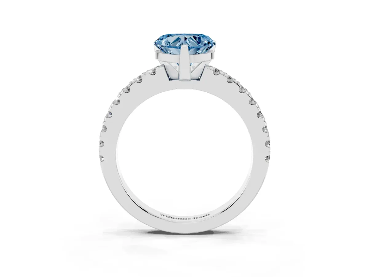 Fancy Blue Heart Cut Solitaire Diamond with Pavé Band and Four-Prong Setting Silver