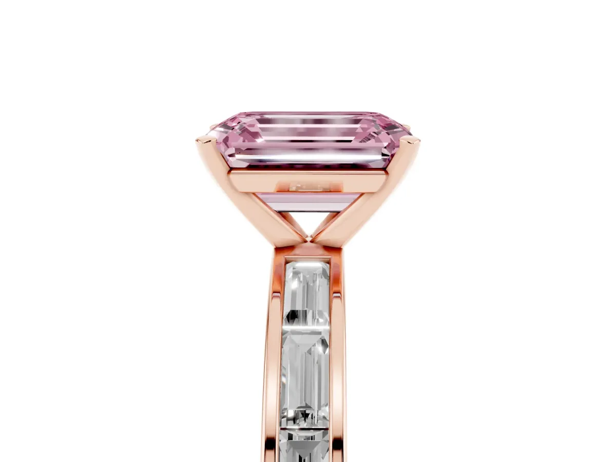 Fancy Pink Emerald Cut Solitaire Diamond Ring with Channel-Set Baguette Band and Four-Prong Setting Rose gold