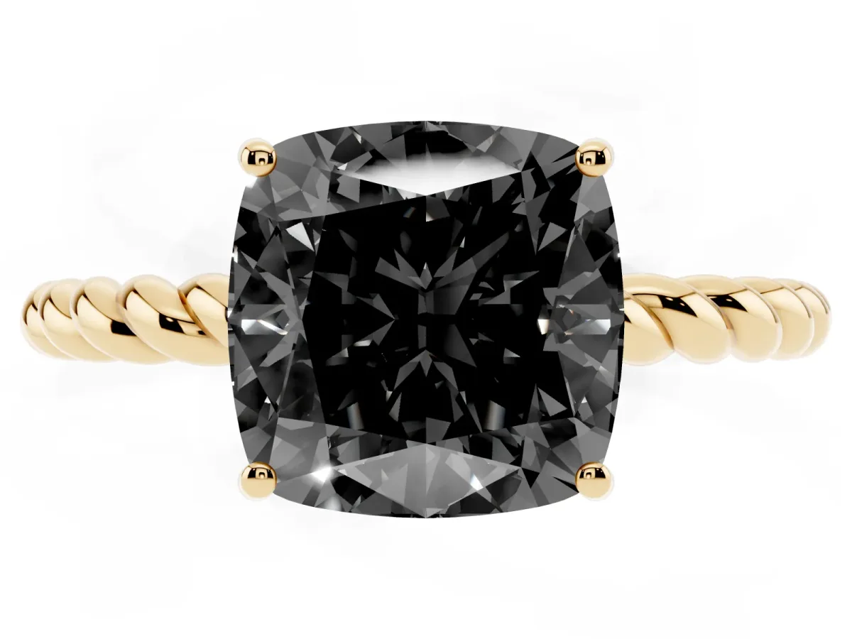 Fancy Black Cushion Cut Solitaire Twisted Band 4-Prong Ring Yellow gold