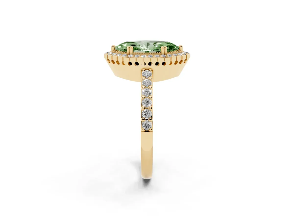 Fancy Green Marquise Cut Cut Diamond Halo Engagement Ring with Milgrain Detail and Pavé Band Yellow gold