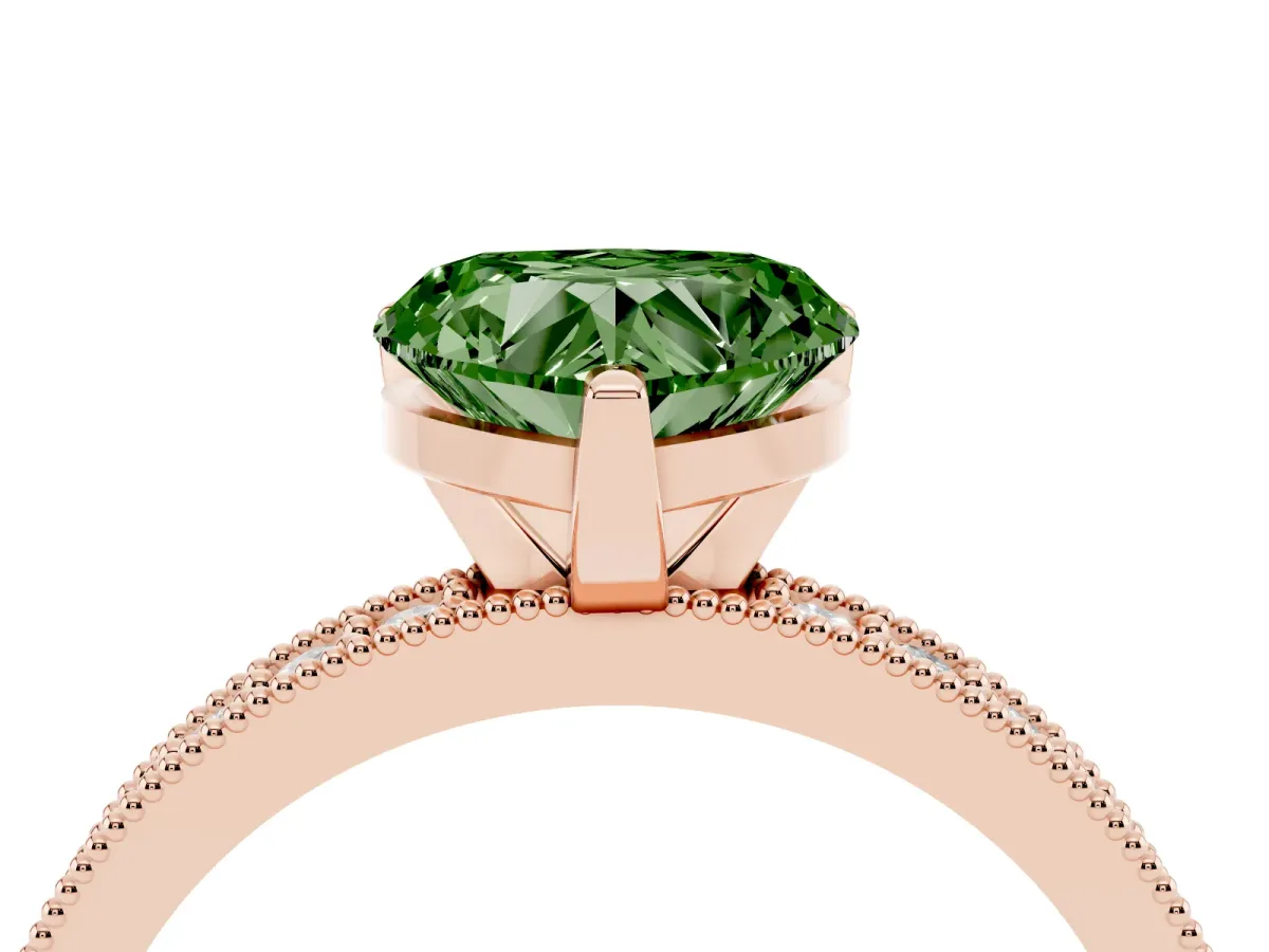 Fancy Green Heart Cut Diamond Milgrain Pavé Engagement Ring with Four-Prong Setting Rose gold