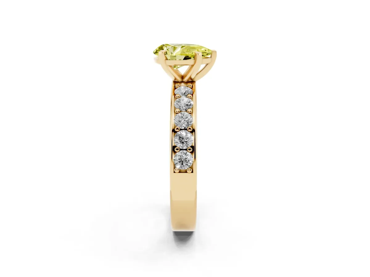 Fancy Yellow Pear Cut Diamond Engagement Ring with Channel Set Round Band and Prong Setting Yellow gold