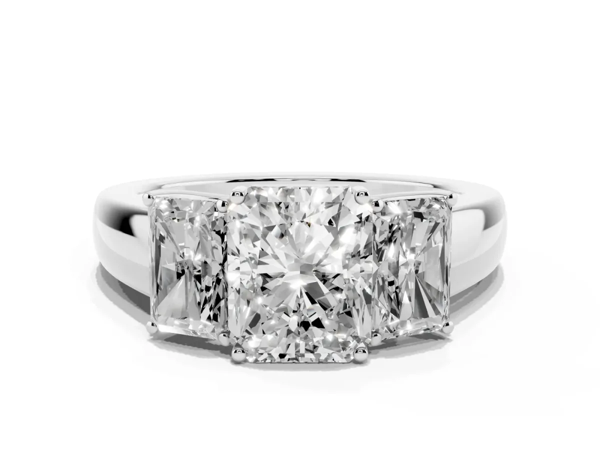Three-Stone Radiant Cut Cut Diamond Ring with Prong Setting and Classic Band White gold