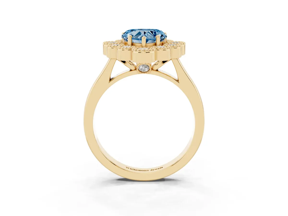 Fancy Blue Heart Cut Halo Diamond Cluster Engagement Ring with Milgrain Bezel Setting and Solitaire Band Yellow gold