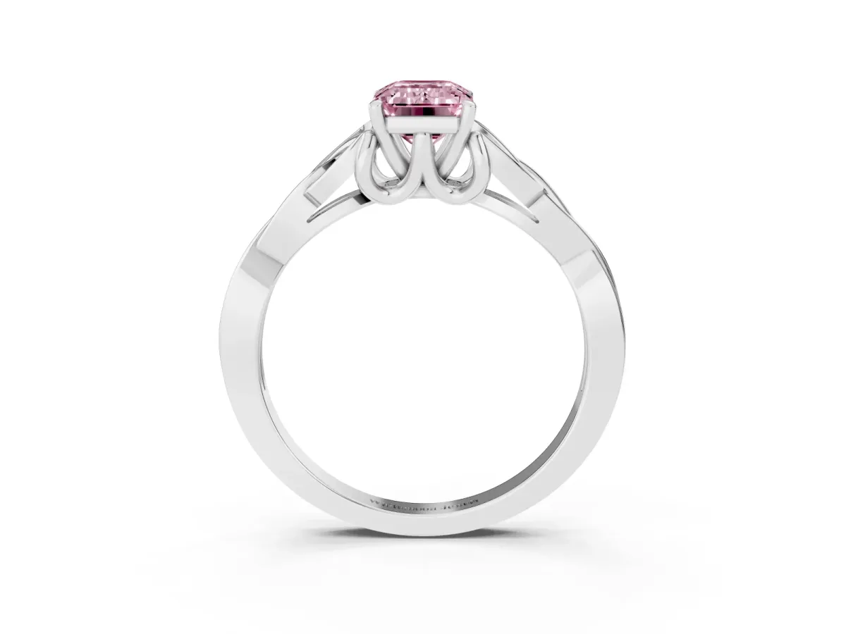 Fancy Pink Emerald Cut Diamond Solitaire Engagement Ring with Celtic Knot Band and Four-Prong Setting Platinum