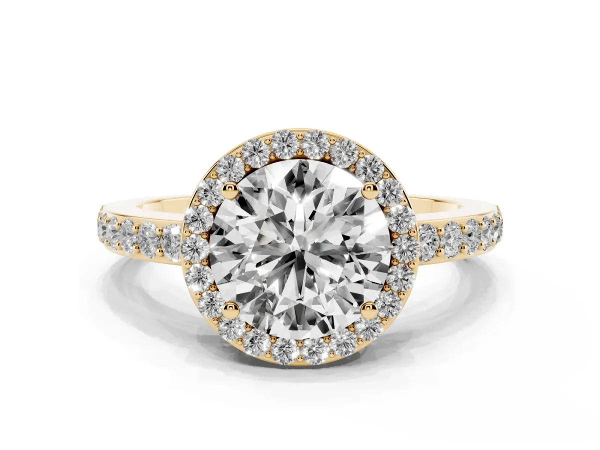 Round Cut Halo Diamond Pavé Band Ring with Prong Setting Yellow gold