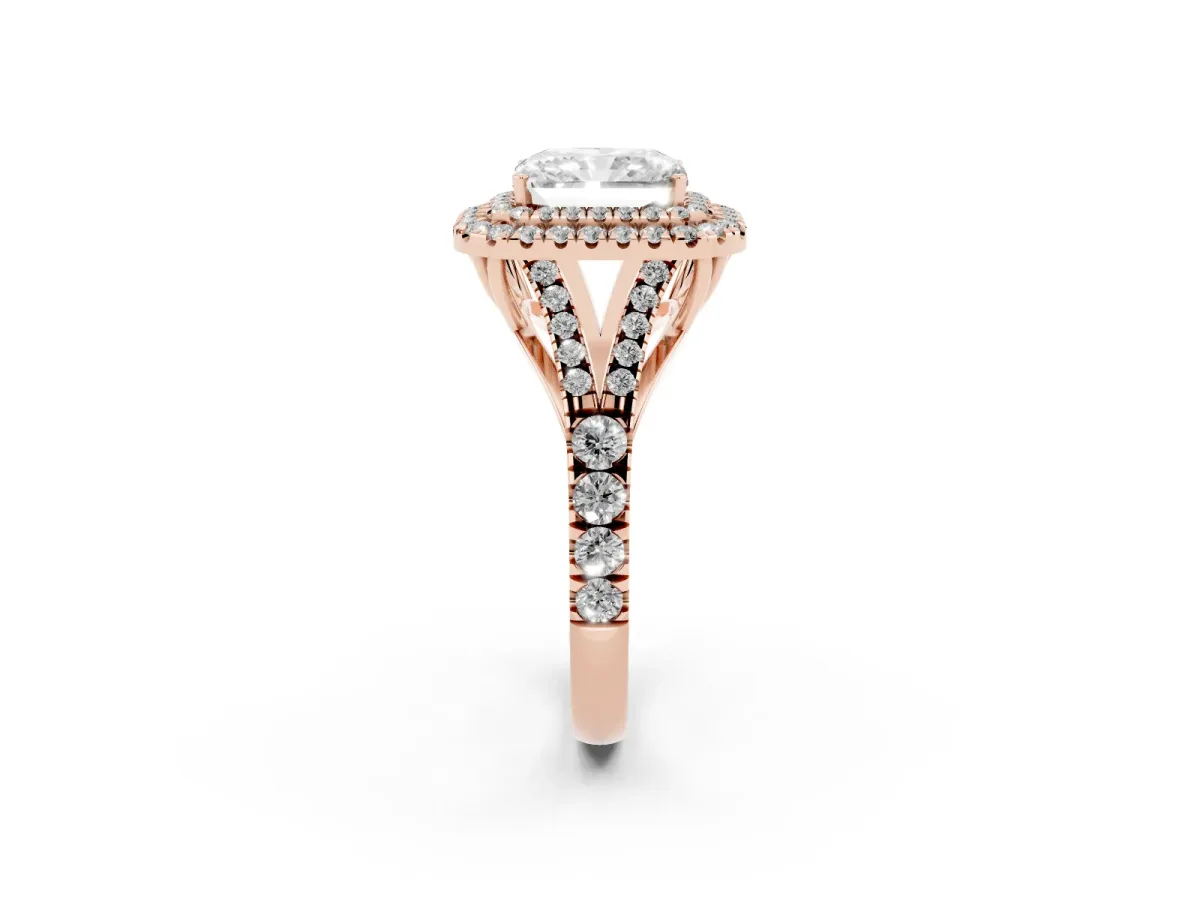 Radiant Cut Diamond Pavé Split Shank Double Halo Engagement Ring Rose gold
