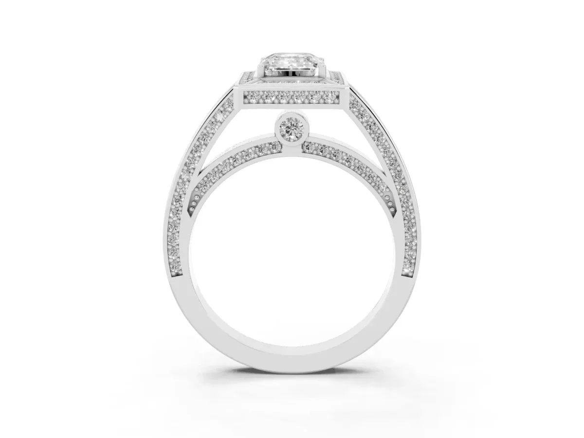 Emerald Cut Cut Halo Pave Split Shank Prong Setting Ring Silver