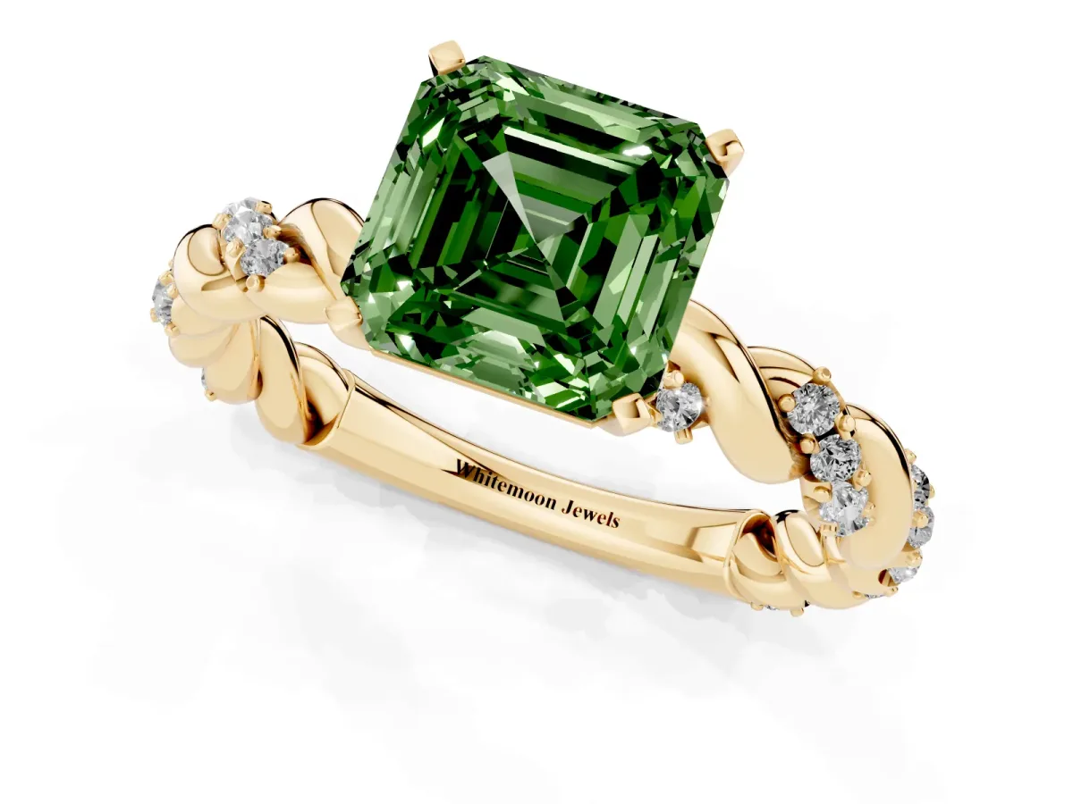 Fancy Green Asscher Cut Diamond Solitaire Ring with Twisted Band and Pavé Accents Yellow gold
