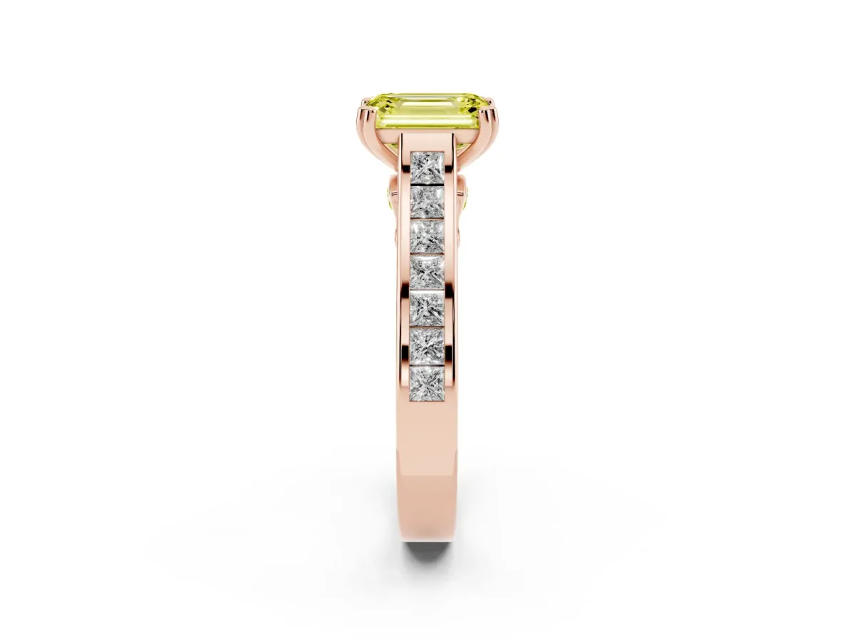 Fancy Yellow Emerald Cut Cut Channel Set Solitaire Engagement Ring with Prong Setting Rose gold