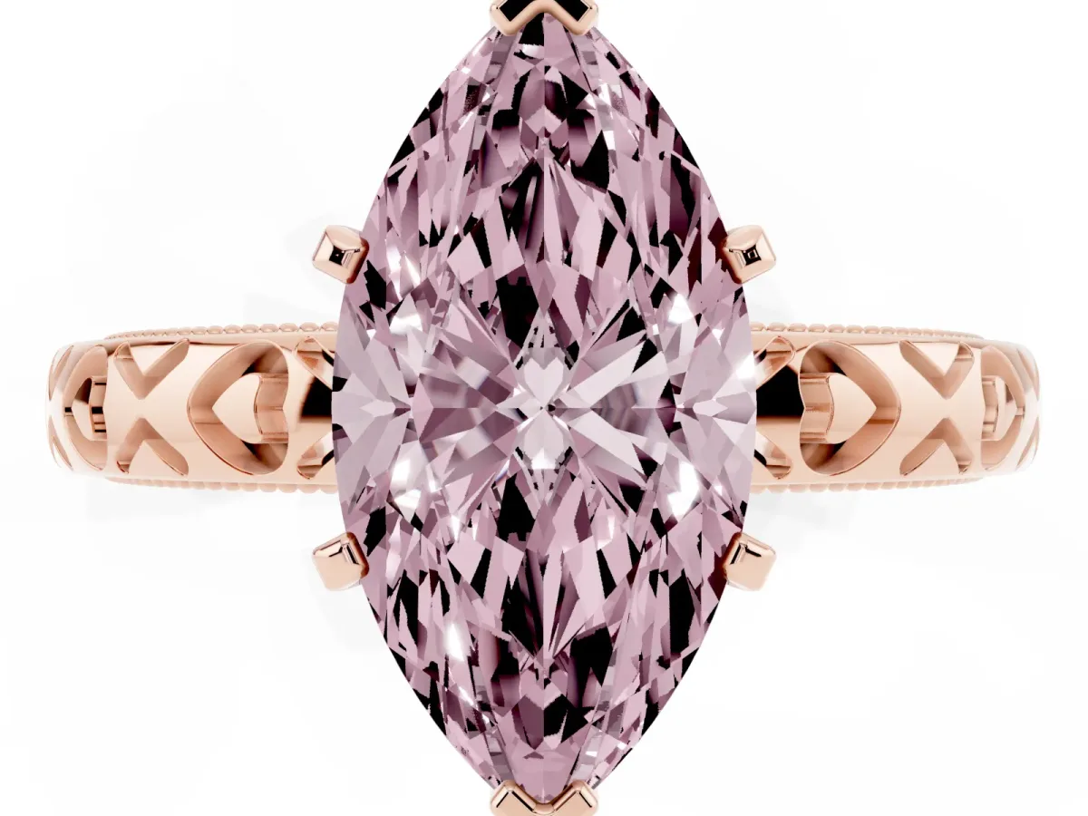 Fancy Pink Marquise Cut Solitaire Diamond Engagement Ring with XO Engraved Band and Four-Prong Setting Rose gold